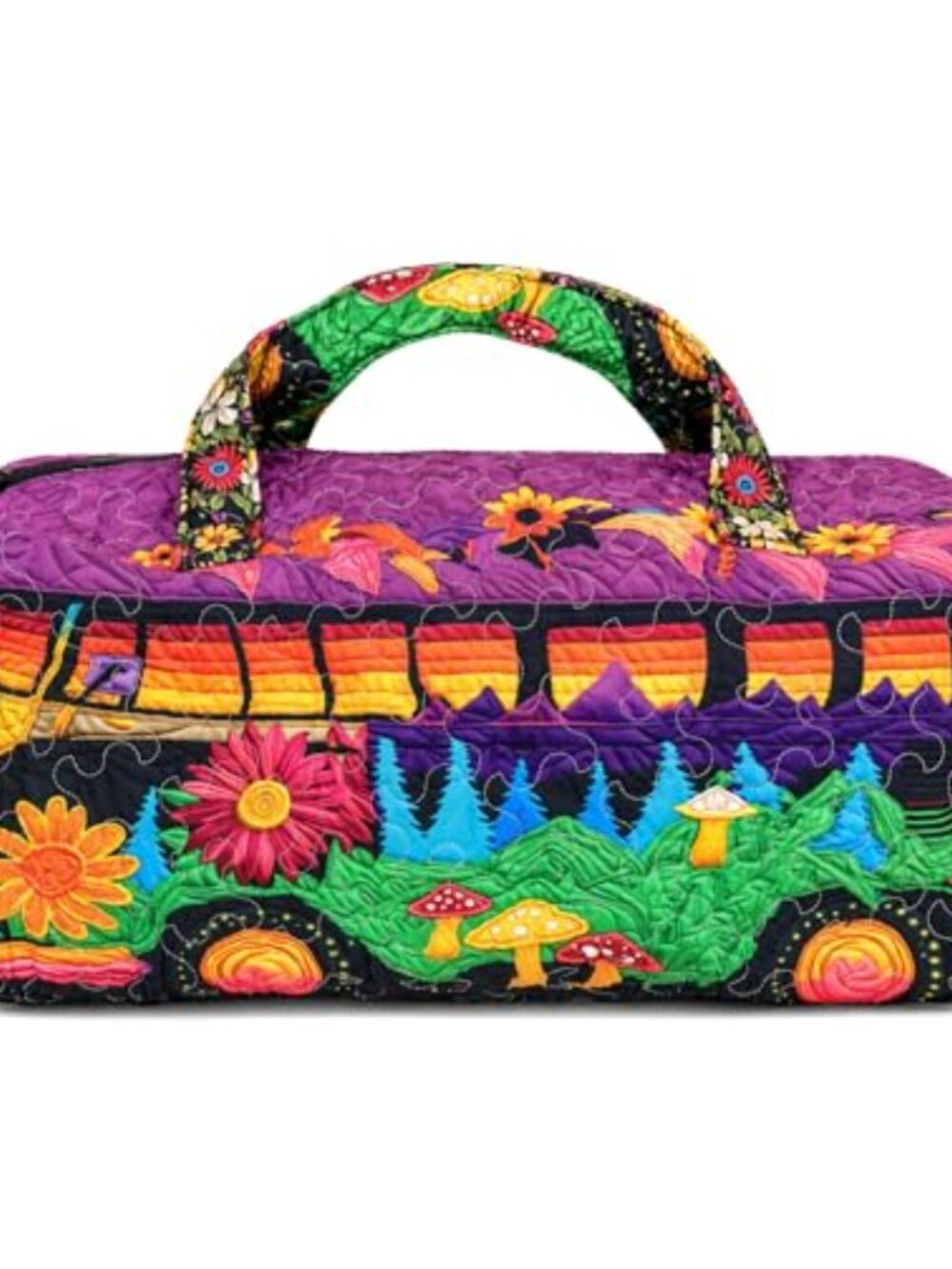 Quilted Duffle Bag Large Boho Retro Bus Print Foldable Travel Weekend Overnight